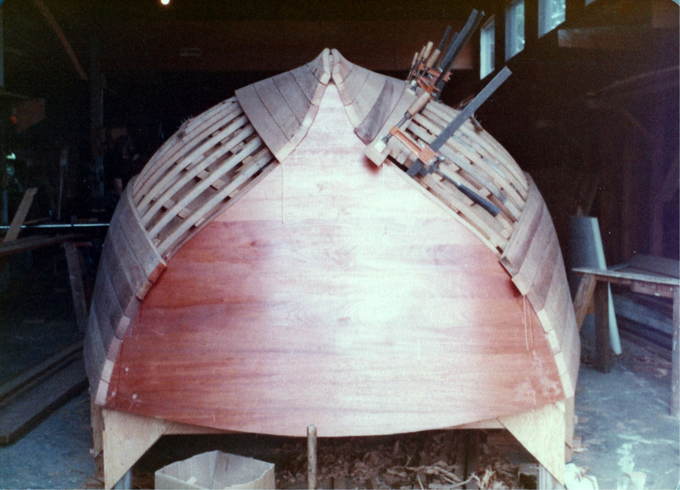 The planked hull from the bow, the keel line still open