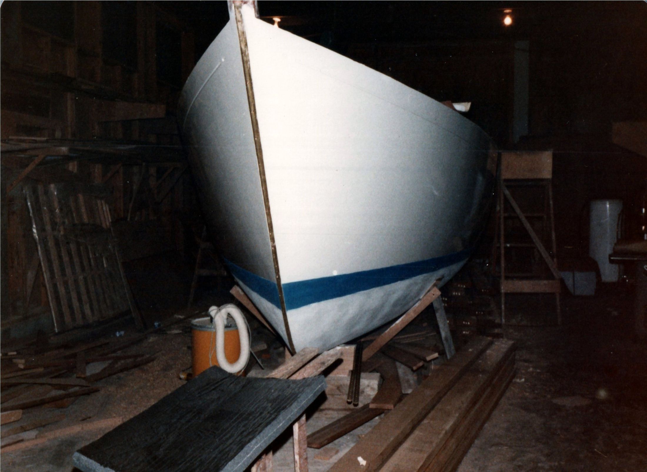 The painted hull from the bow, ready to leave the shop