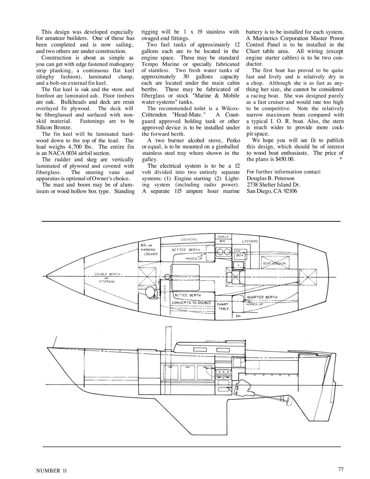 Page 77 of The WoodenBoat, Number 11: the article text, accommodation plan and inboard profile