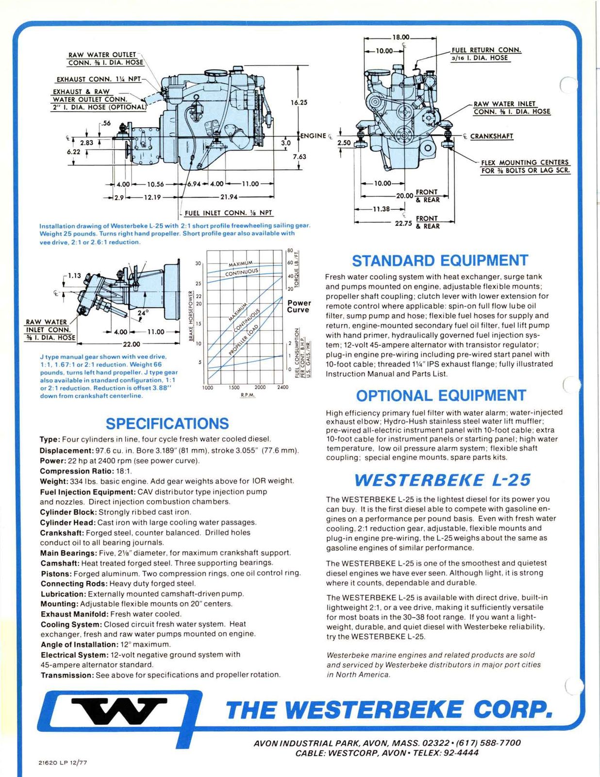 Back page of the Westerbeke L-25 sales sheet: installation drawings, power curve, specifications and equipment lists